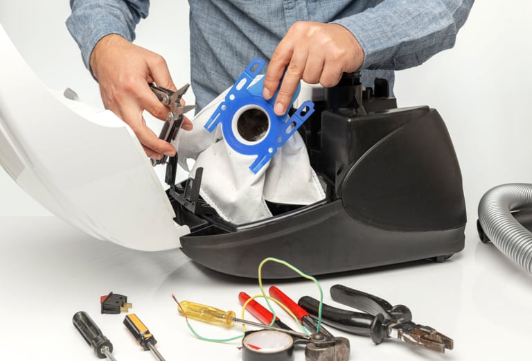 a man is holding a blue bag of tools