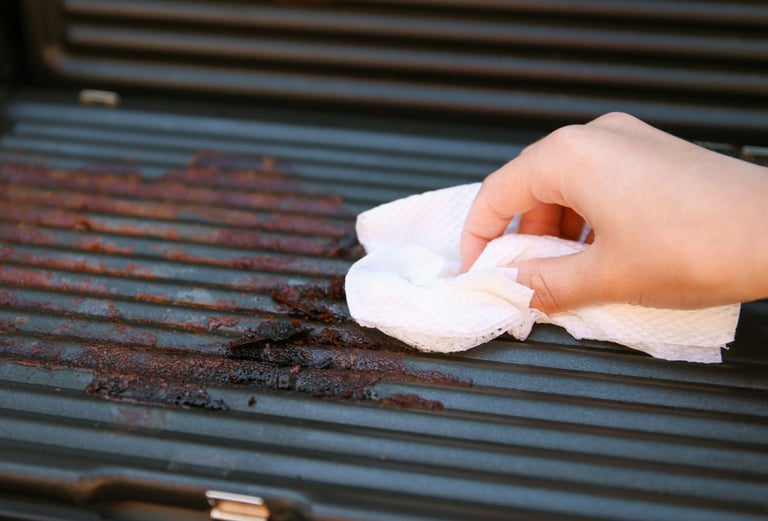 a person cleaning a grill grill with a cloth cloth