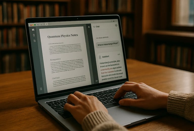 Student using ChatPDF on a laptop to analyze and chat with Quantum Physics notes
