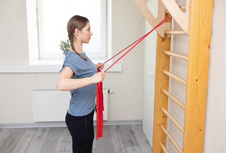 pratimas pečiams ir nugarai namie su guma moterims ir vyrams