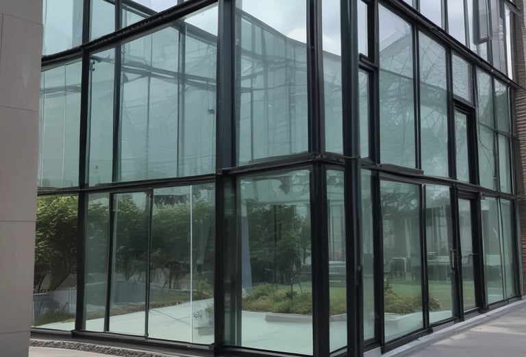 a large glass building with a clock on the outside