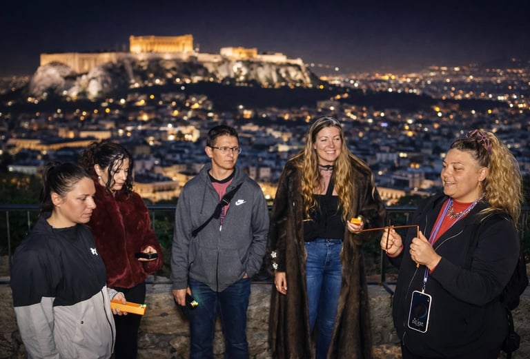 Friends in Athens at night Acropolis views