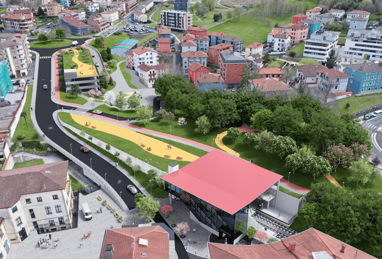 Aerial view of a sustainable urban redevelopment project featuring green spaces, pedestrian paths, and modern architecture.
