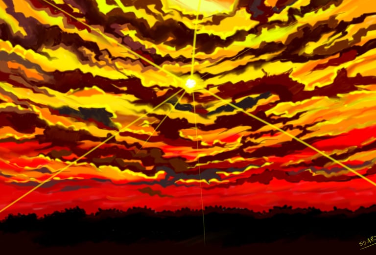 landscape painting  of sun rise made using photoshop
