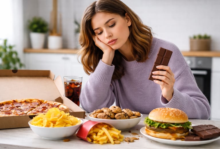 Mulher sentada à mesa com expressão pensativa, segurando chocolate e cercada por pizza, hambúrguer, 