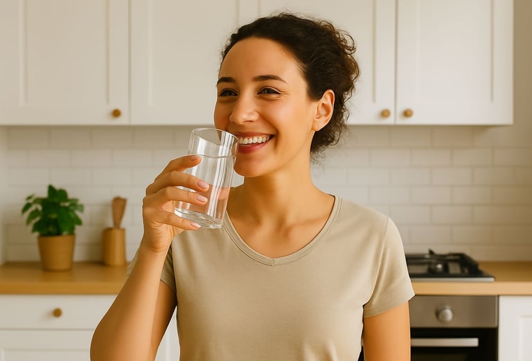 Mulher sorridente tomando água na cozinha — hábitos saudáveis e bem-estar em casa