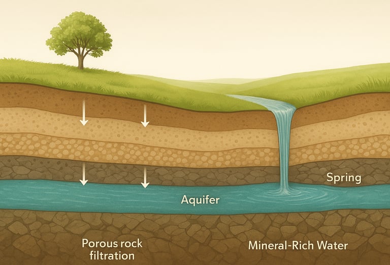 Diagram of spring water filtering through natural granite rock layers into a deep aquifer