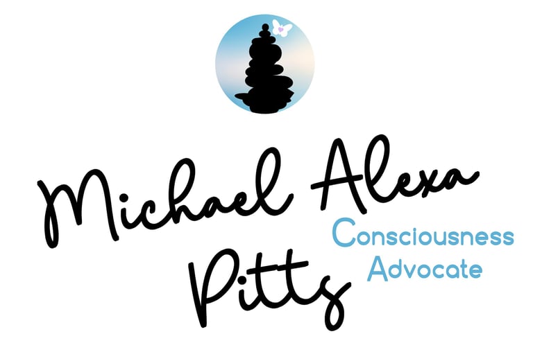 Michael Alexa Pitts name in black cursive, consciousness advocate blue print, sky blue icon with black cairn, white bttrfly