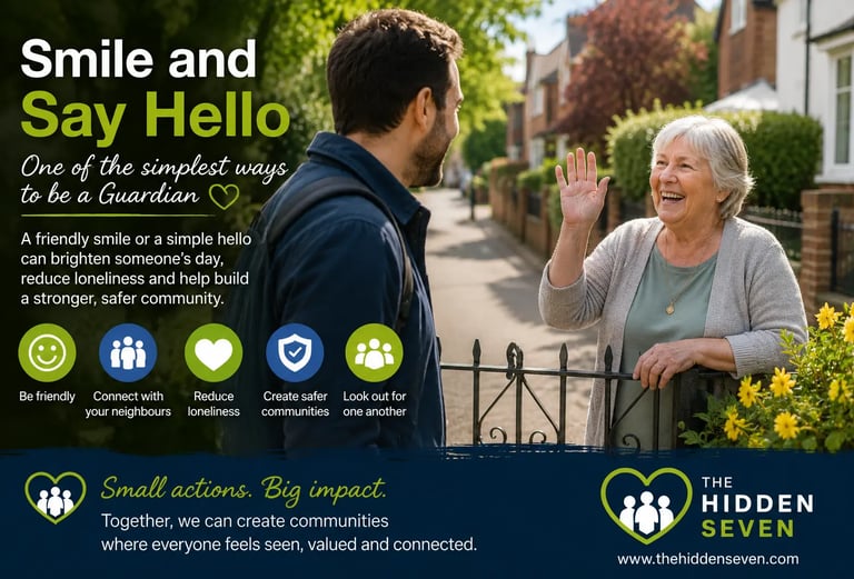 A smiling senior woman waves to a man in a neighborhood, promoting community connection and kindness.