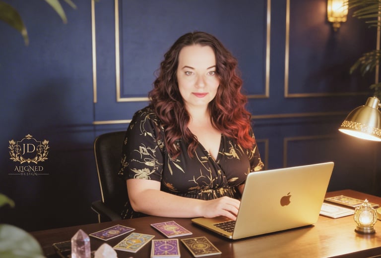 woman sitting in her luxury office with plants, crystals gold laptop and gold lamp