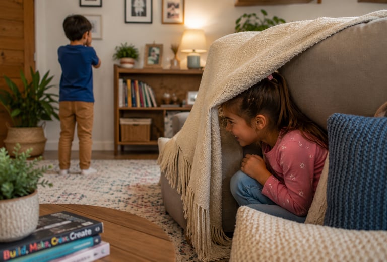 Children playing hide and seek inside on a rainy day.