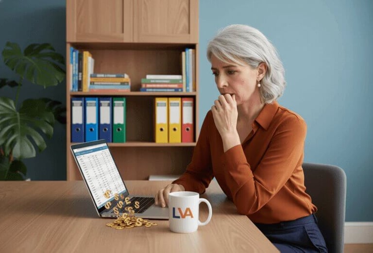 Worried woman studying a spreadsheet as money leaks out across the desk.