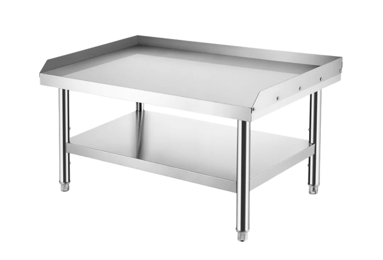 Stainless steel grill stand with a bottom shelf for storage.