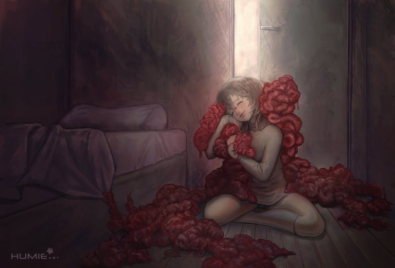 Sitting in a dark room, a girl hugs a intestine-like red mass unidentified creature.