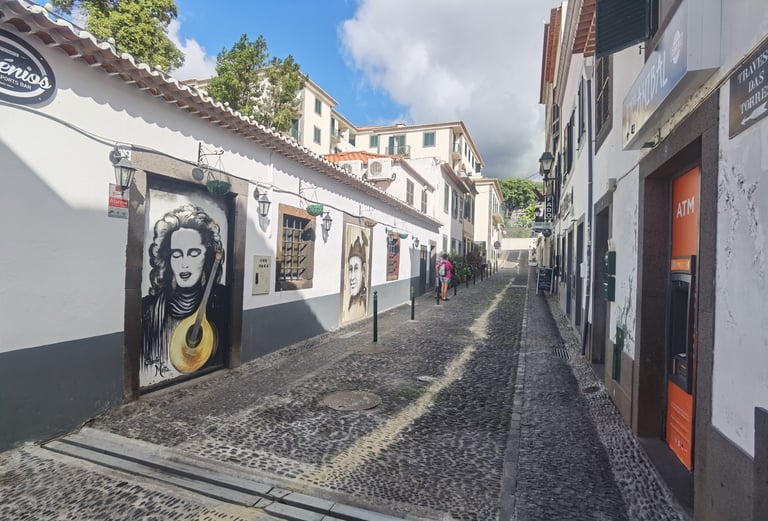 Cobblestone street in Funchal, Madeira, featuring white buildings with fado singer murals.