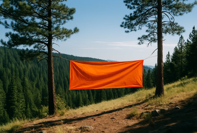 Bright orange tarp hung between trees for emergency wilderness signaling