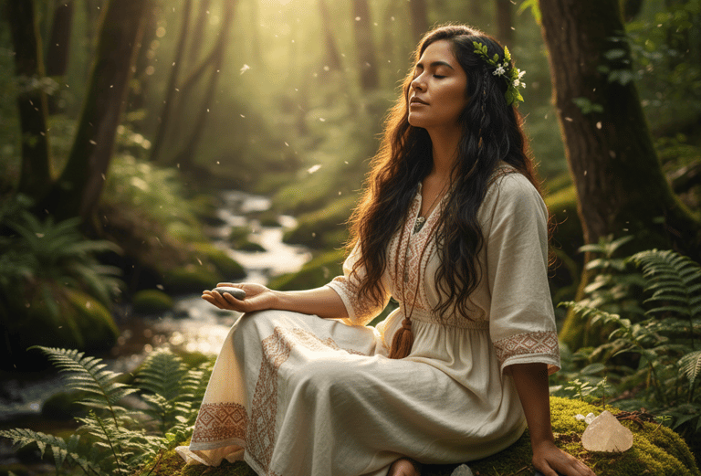 Mujer meditando en el bosque, reconectando con la naturaleza.