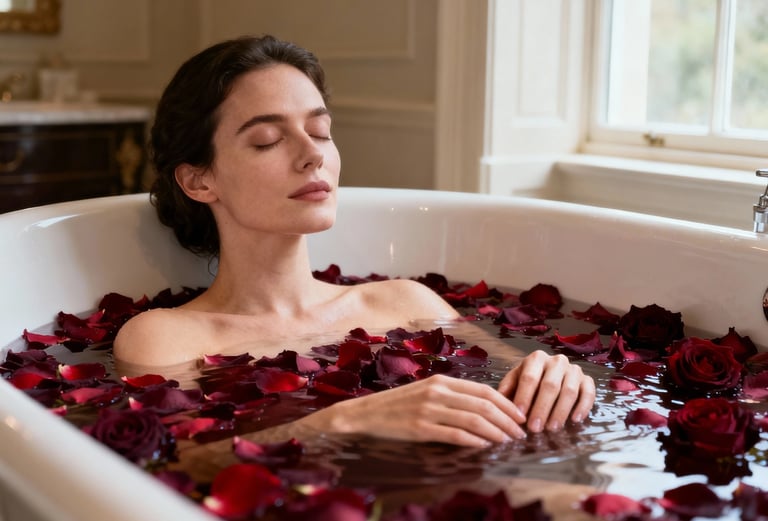 woman relaxing in a bath with rose petals in soft natural light in a refined spa-like setting
