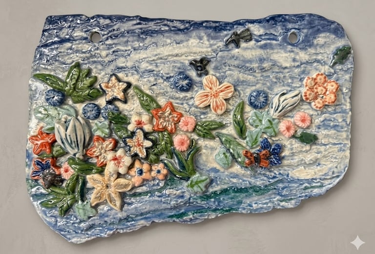 Ceramic plaque of tropical flowers floating on ocean waves, titled Tides of Aloha.