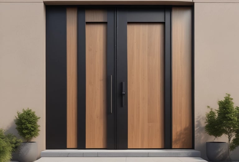 a modern front door with a wooden door and a planter