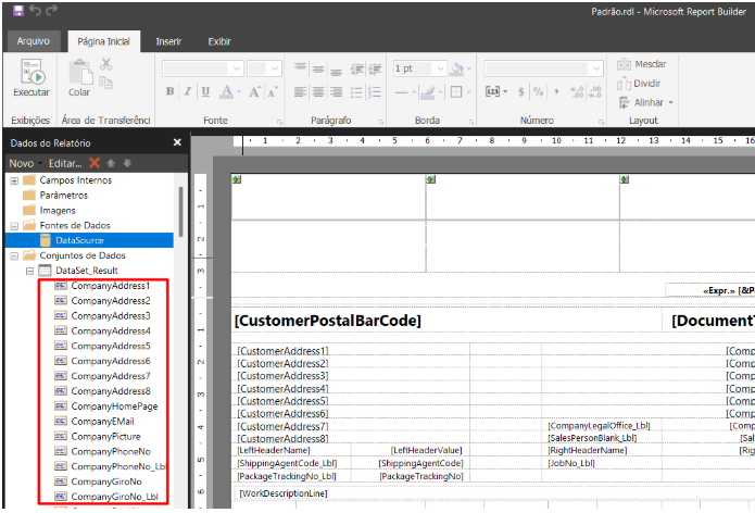 Microsoft Report Builder interface showing data set fields for company address and contact information.