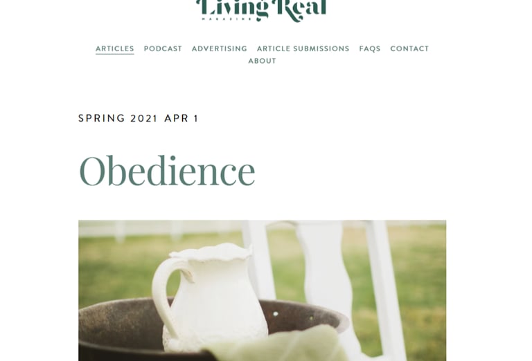 Living Real Magazine Spring 2021 article titled Obedience featuring a rustic white pitcher.