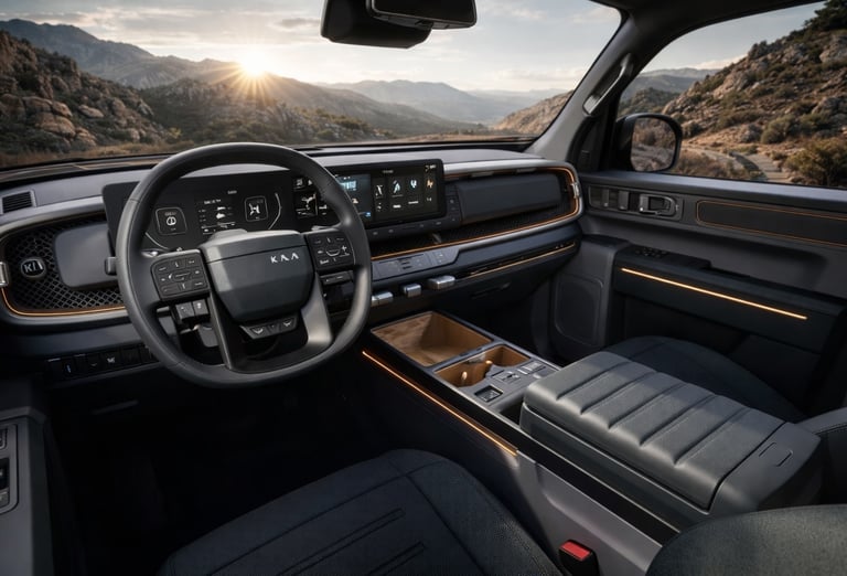 interior da nova picape da Kia Tasman 2026 com painel moderno e tecnologia avançada