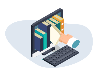 book shelf popping out from a laptop and hand picking a book