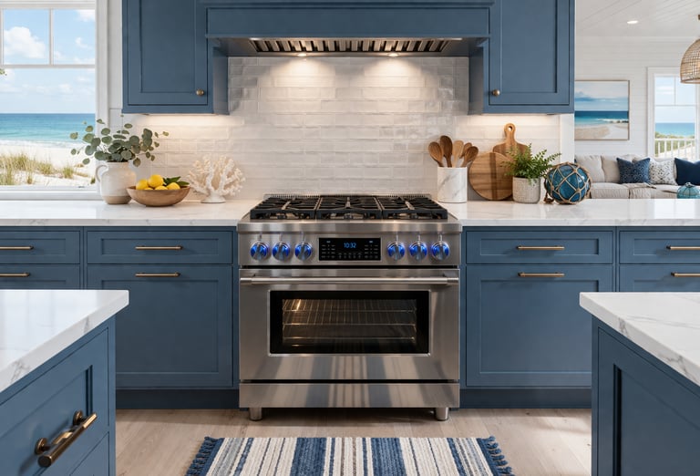 Blue kitchen with stainless gas range, white counters, and navy cabinets