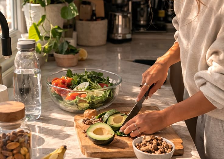 Hands preparing healthy meal with fresh vegetables and balanced nutrition