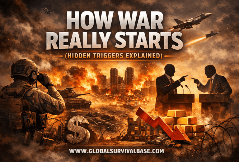 Infographic about how war starts featuring soldiers, politicians debating, and global economic symbols.