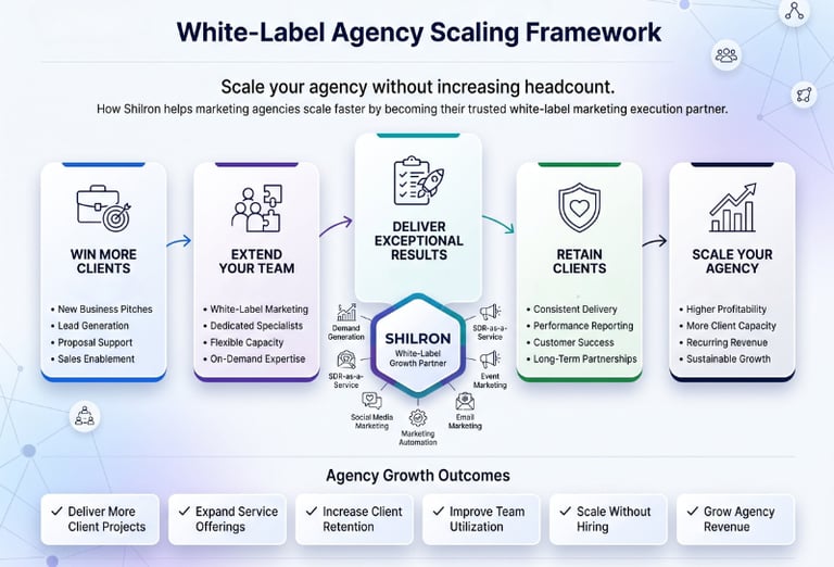 A white-label agency scaling framework infographic showing steps to grow a marketing agency without hiring.