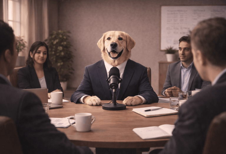 A Golden Retriever wearing a suit leading a business meeting at a conference table.