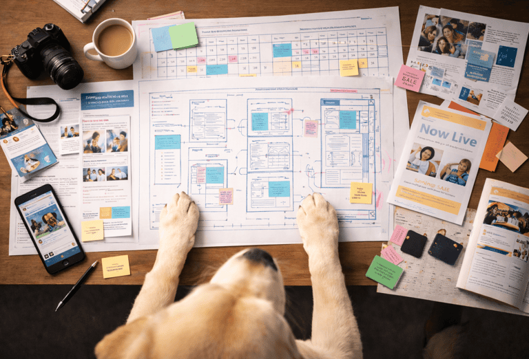 A Golden Retriever looking at a desk with UI design wireframes, coffee, and a DSLR camera.