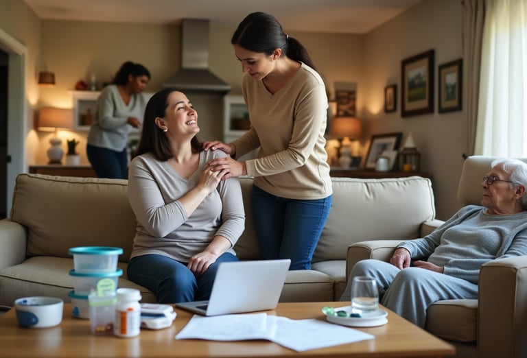 a woman standing in a living room with a laptop and a senior sitting in the chair beside her