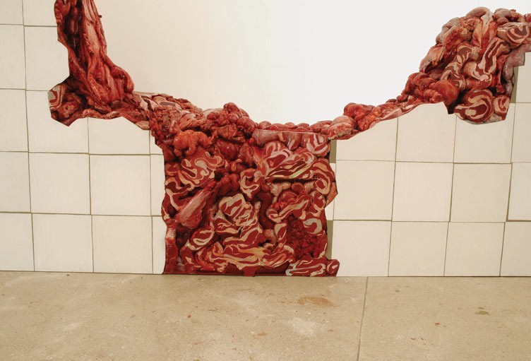 Pintura de azulejos quebrados revelando carne por baixo.