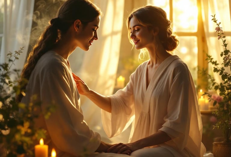 a woman in a white robe is sitting on a bed