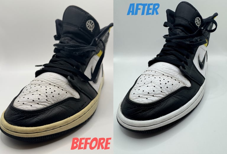 KicksReboot carried out an unyellowing of Jordan 1 Quai 54, comparison of shoes before and after the process