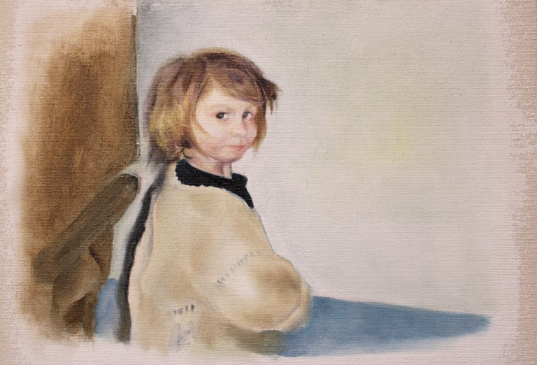 Oil paint on canvas. Young girl looks at viewer. Wearing a cream cardigan with dark blue top under.
