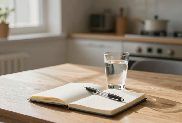 A calm workspace with a laptop open to recovery worksheets, soft natural light highlighting a cup of tea nearby.