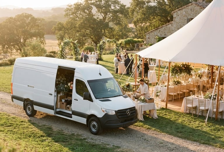 A clean white delivery van parked next to an elegant outdoor wedding tent setup, warm golden hour sunlight, soft editorial style