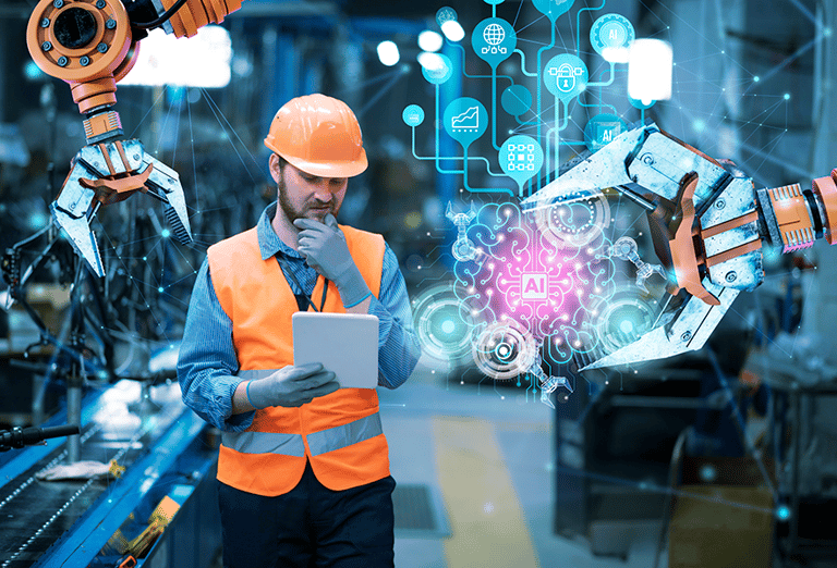 a man in a safety vest and a tablet computer