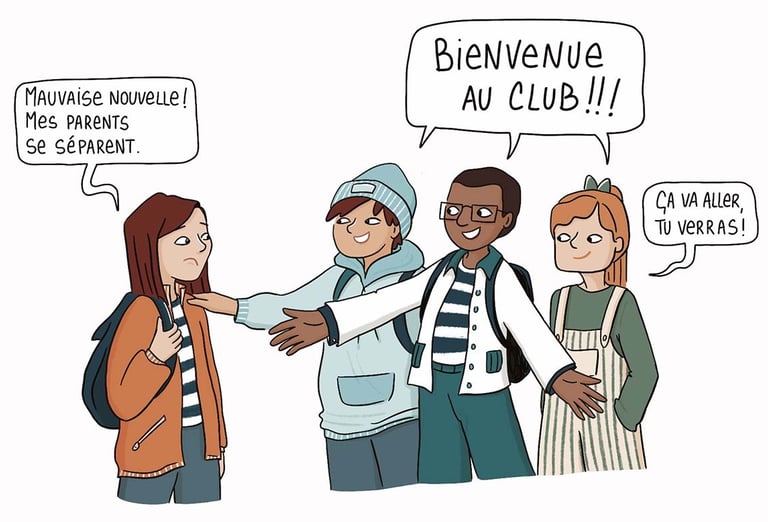 illustration of a group of teenagers talking about their separated parents.