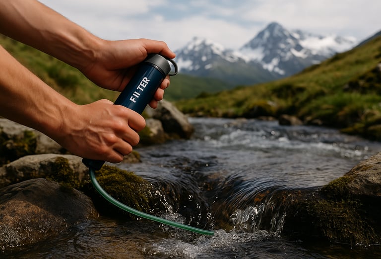 Hand using portable filter straw to drink from flowing creek