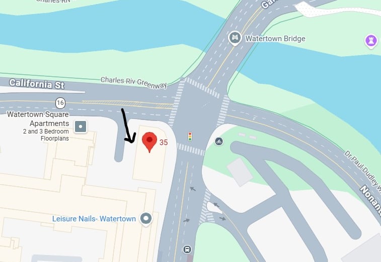 Map of Watertown Square Apartments location near Charles River Greenway and Watertown Bridge.