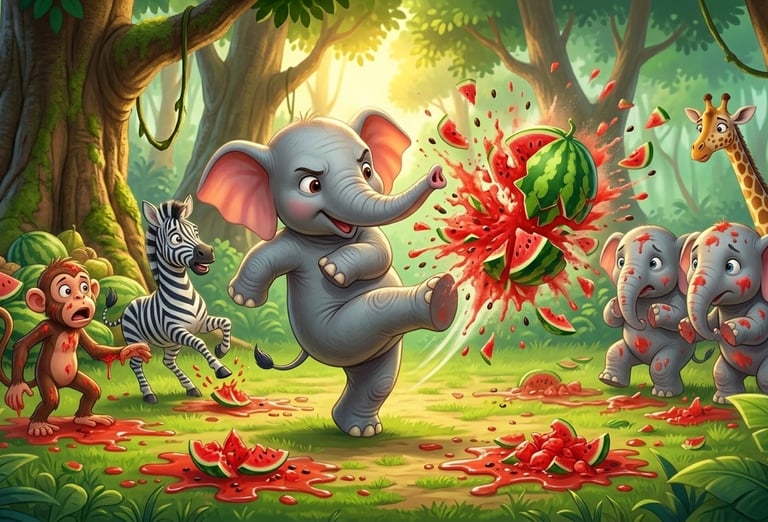 Playful cartoon elephant kicks and explodes a watermelon in a lush jungle with a zebra and monkey.