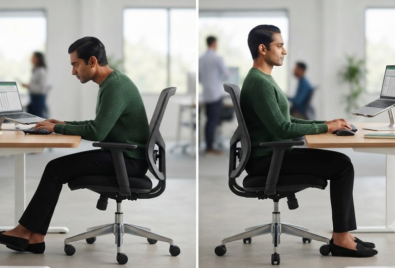 Comparison showing forward head posture and improved sitting posture during computer work.