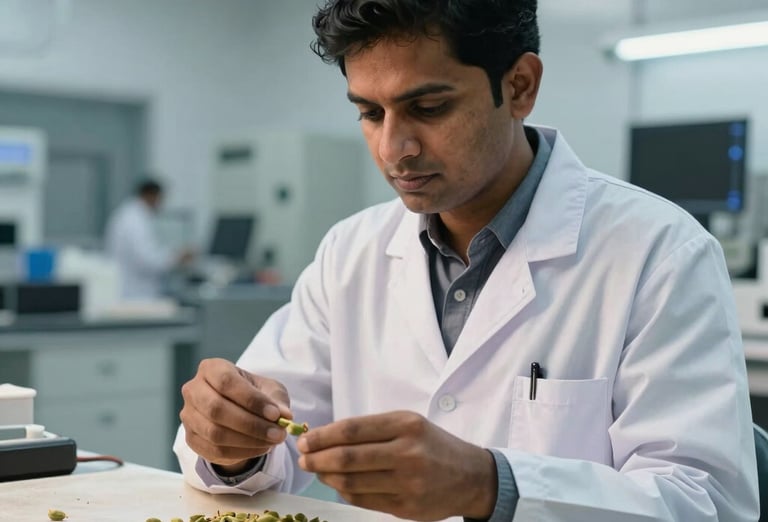 A South Asian / Indian quality control analyst in a modern, clean facility, carefully examining green cardamom pods on a light-colored surface. The atmosphere is professional and clinical, emphasizing trust and reliability.