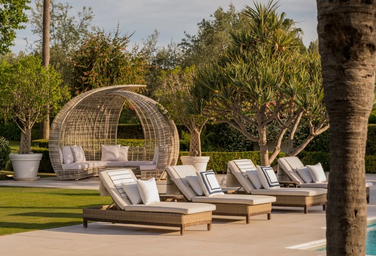 Outdoor loungers surrounded by tropical gardens at Villa El Olivo, Marbella.