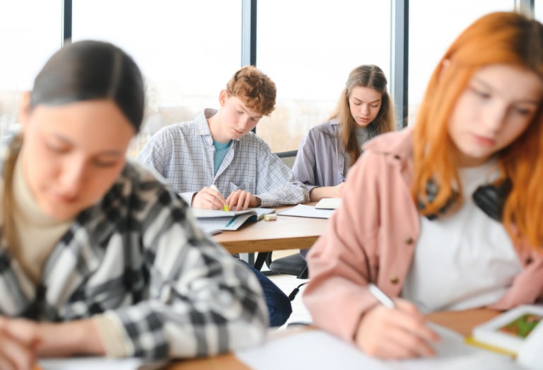 Diverse high school students studying and taking notes in a bright modern classroom.